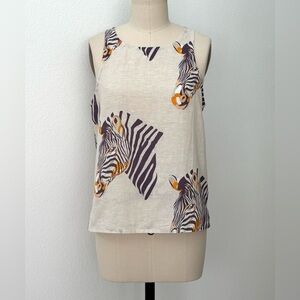 Las Sureñas Graphic Zebra Print Tank Top NWOT Cream Purple Orange Linen Blend L